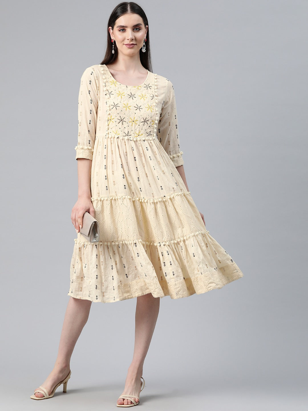 Cream Color Cotton Fabric Tiered Dress Trendphoria Cream Color Cotton Fabric Tiered Dress Trendphoria