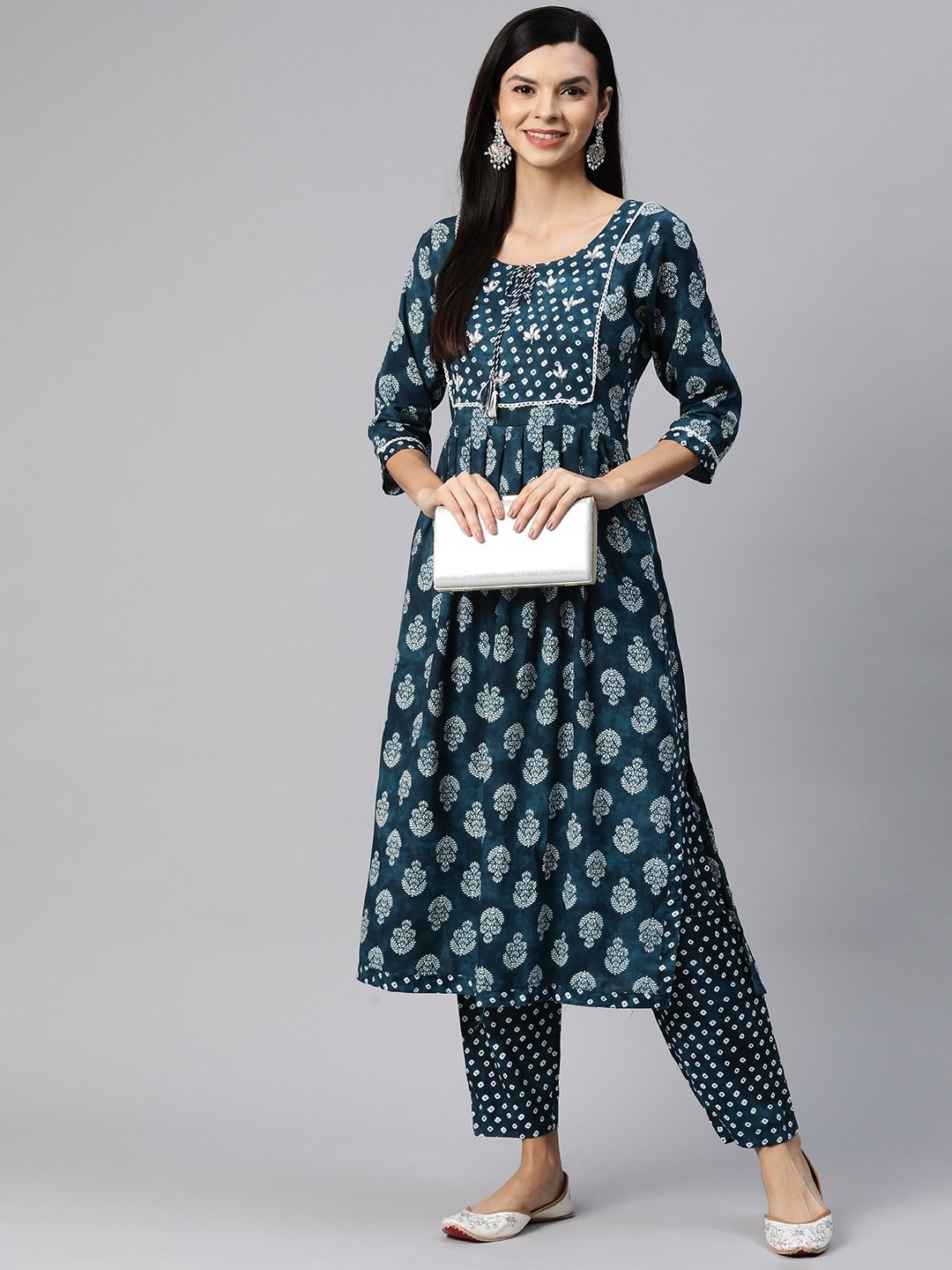 Flared Style Rayon Fabric Blue Color Kurta With Bottom