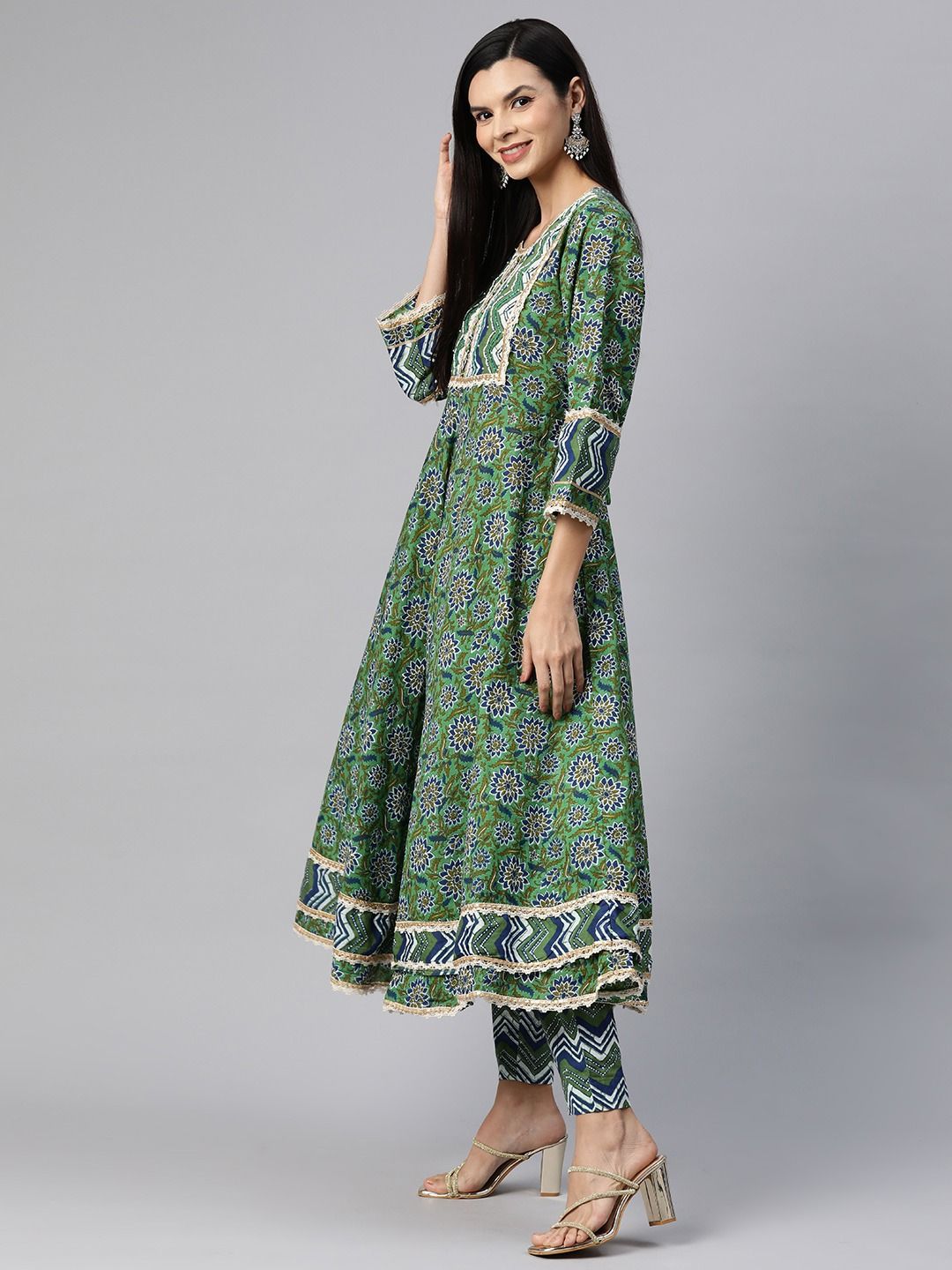 Anarkali Style Cotton Fabric Green Color Kurta With Bottom With Dupatta