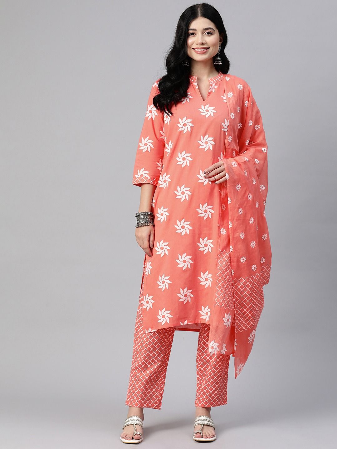 Straight Style Cotton Fabric Orange Color Kurta With Bottom With Dupatta
