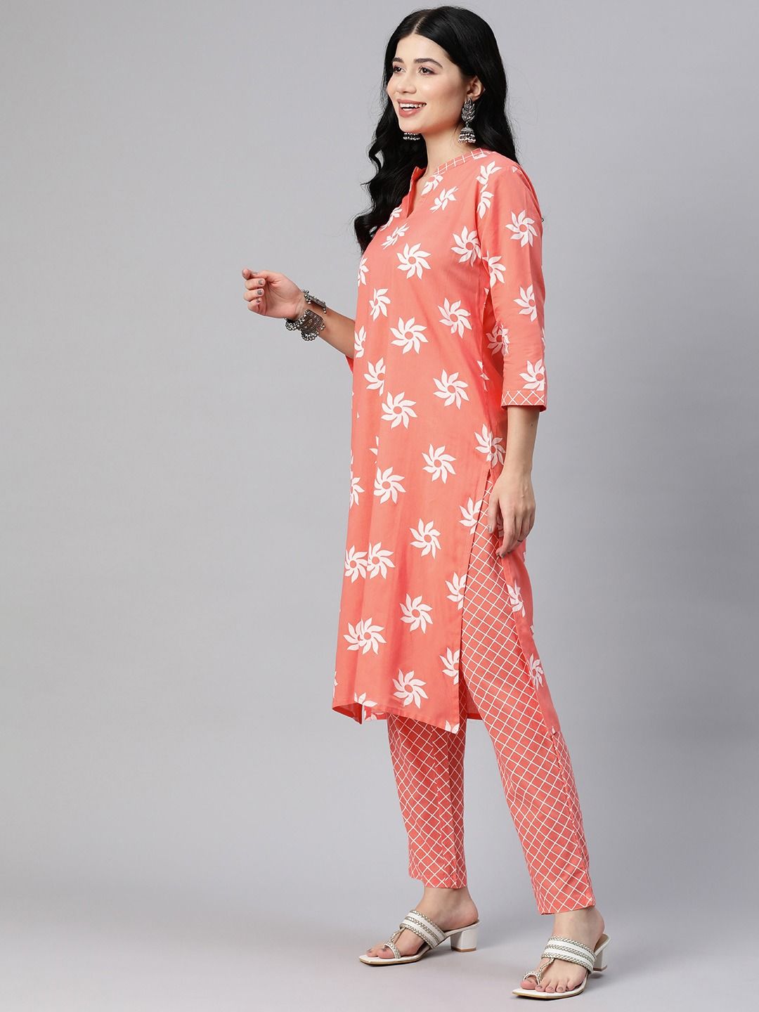 Straight Style Cotton Fabric Orange Color Kurta With Bottom With Dupatta