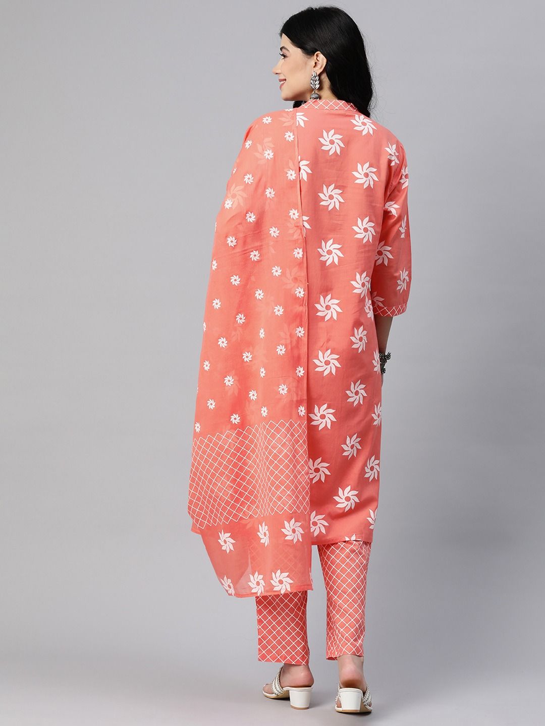 Straight Style Cotton Fabric Orange Color Kurta With Bottom With Dupatta