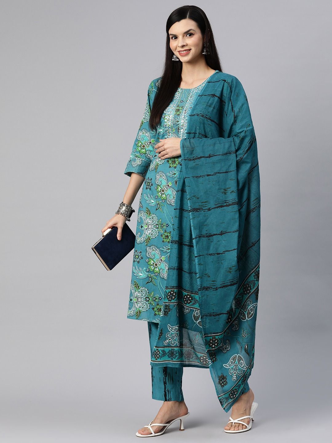 Straight Style Cotton Fabric Teal Blue Color Kurta With Bottom & Dupatta