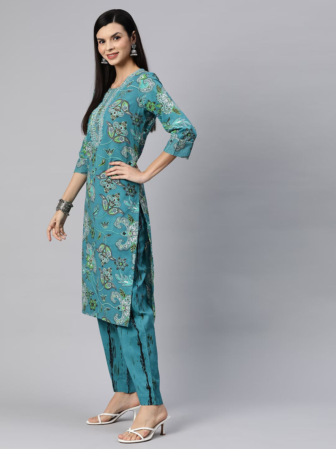 Straight Style Cotton Fabric Teal Blue Color Kurta With Bottom & Dupatta