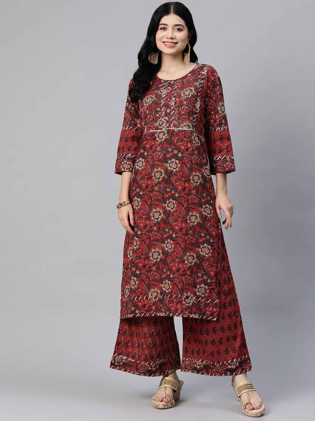 Straight Style Cotton Fabric Grey Color Kurta With Bottom