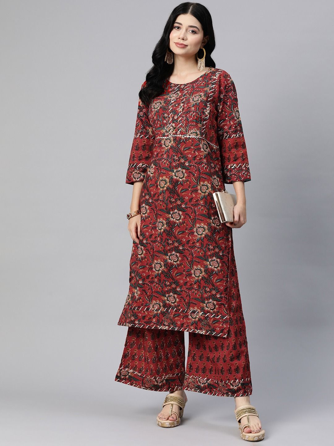 Straight Style Cotton Fabric Grey Color Kurta With Bottom