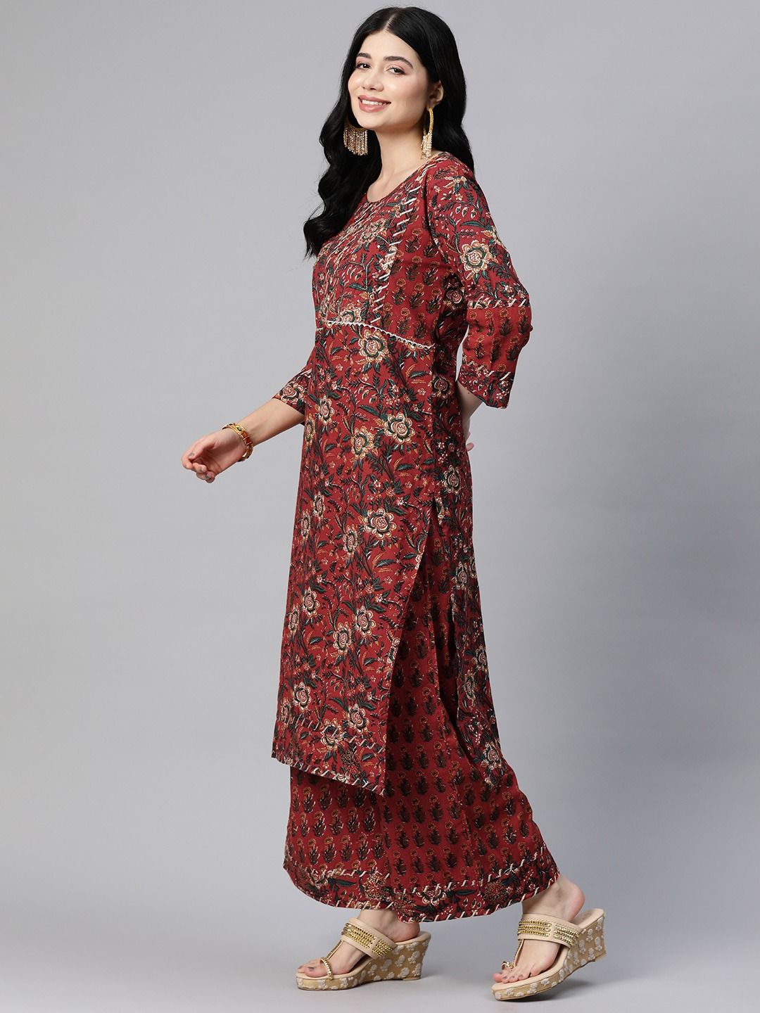 Straight Style Cotton Fabric Grey Color Kurta With Bottom