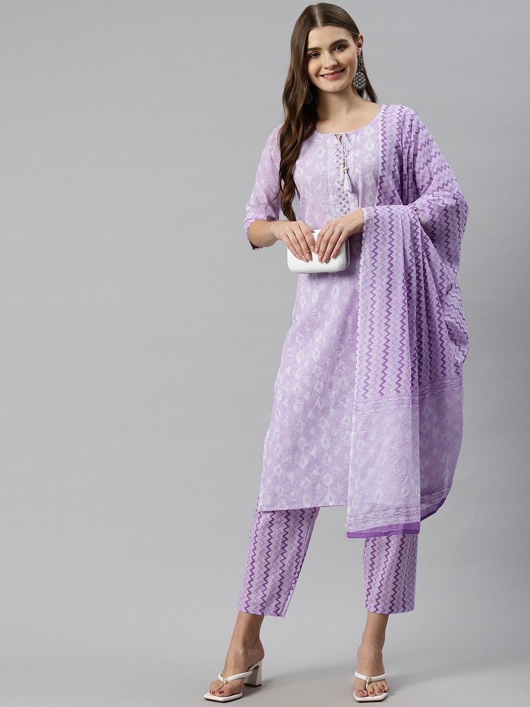 Straight Style Cotton Fabric Purple Color Kurta And Bottom With Dupatta