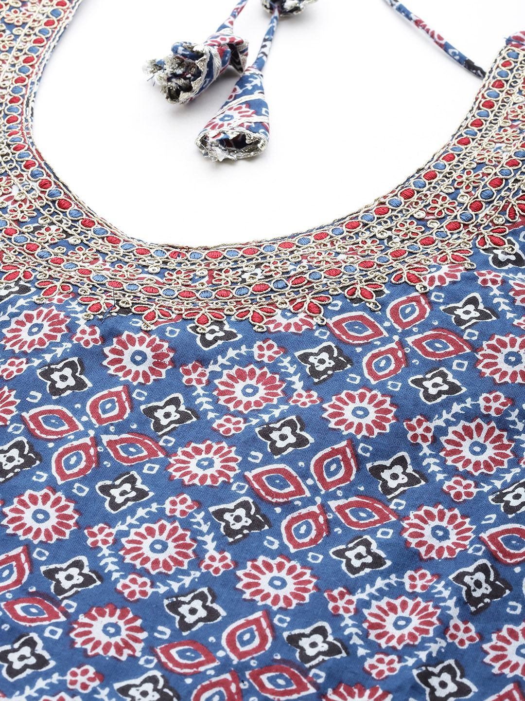 Anarkali Style Cotton Fabric Navy Blue Color Kurta With Bottom & Dupatta