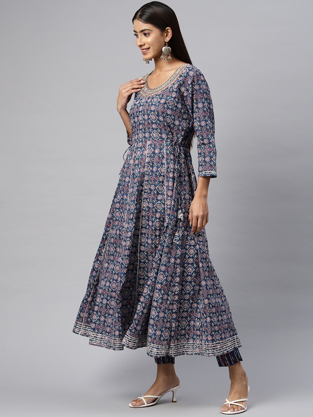 Anarkali Style Cotton Fabric Navy Blue Color Kurta With Bottom & Dupatta