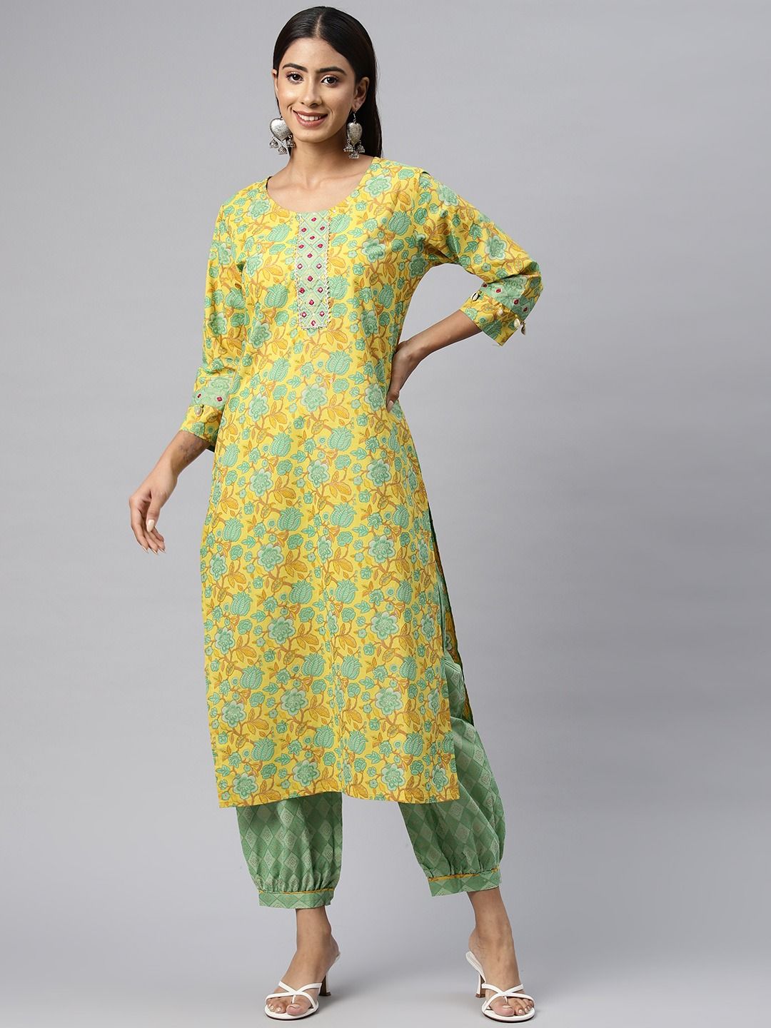Straight Style Cotton Fabric Yellow Color Kurta With Bottom