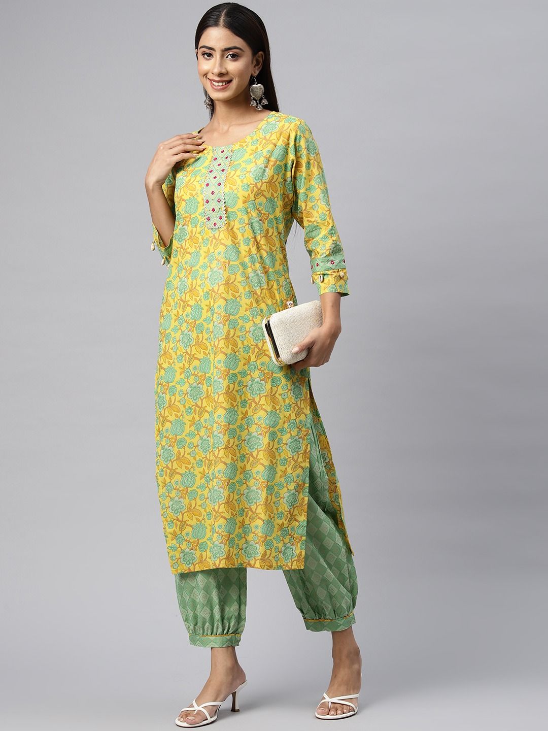 Straight Style Cotton Fabric Yellow Color Kurta With Bottom