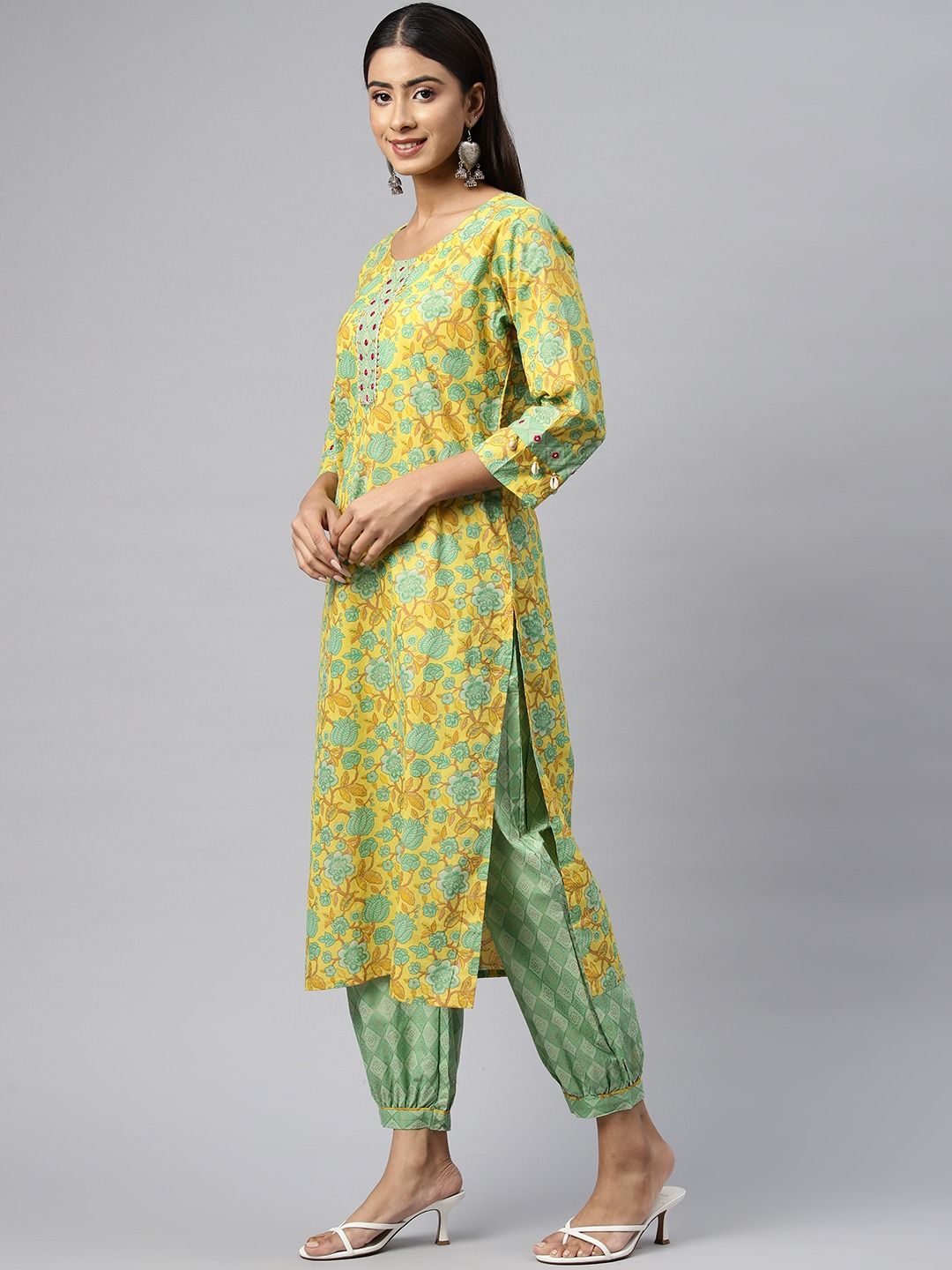 Straight Style Cotton Fabric Yellow Color Kurta With Bottom