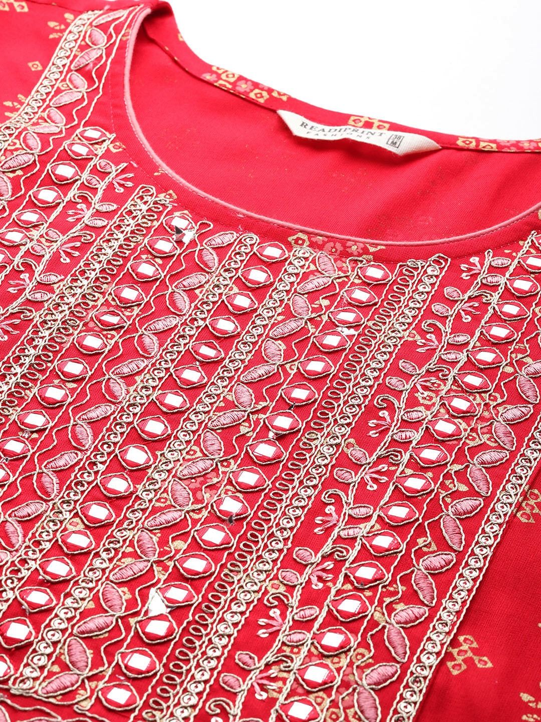 Straight Style Rayon Fabric Red Color Kurta With Bottom