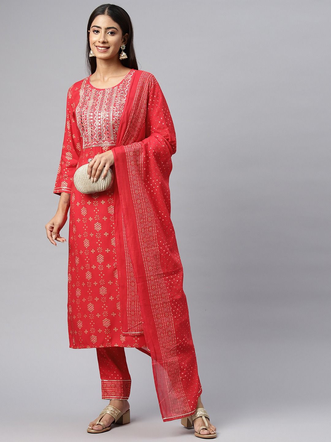 Straight Style Rayon Fabric Red Color Kurta With Bottom