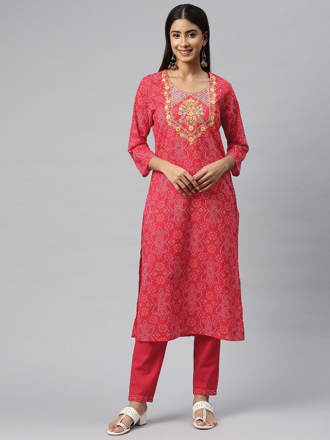 Straight Style Cotton Fabric Red Color Kurta With Bottom