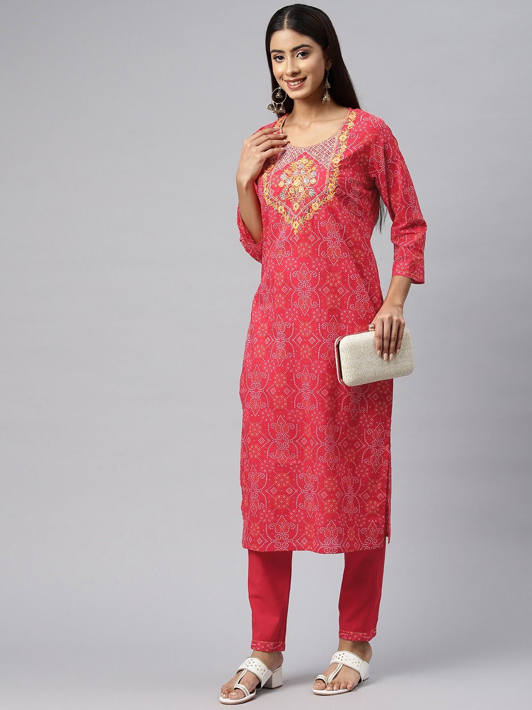 Straight Style Cotton Fabric Red Color Kurta With Bottom
