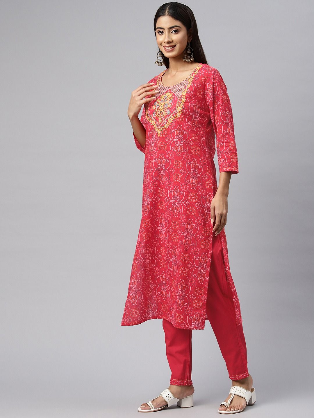 Straight Style Cotton Fabric Red Color Kurta With Bottom