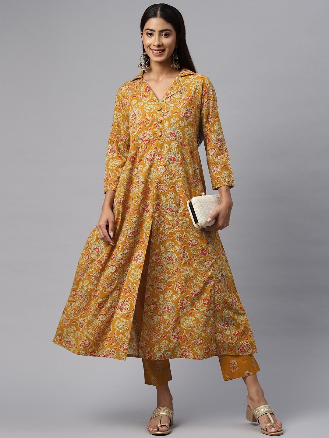 Anarkali Style Cotton Fabric Mustard Color Kurta With Bottom