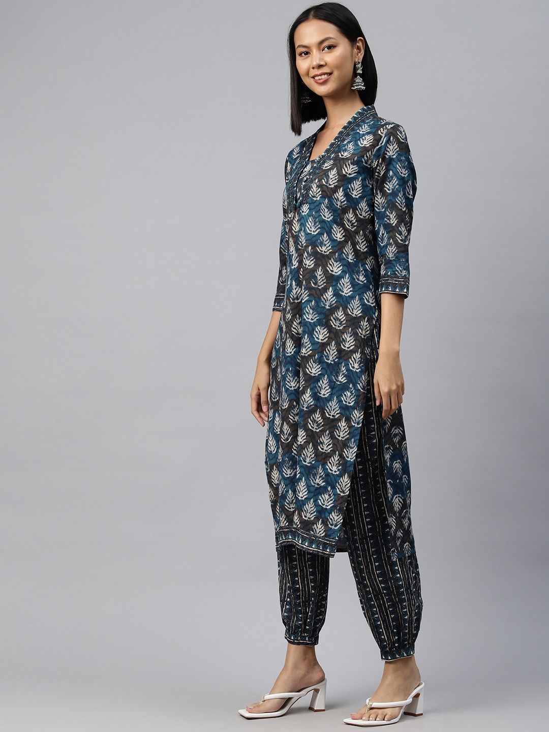 Straight Style Cotton Fabric Navy Blue Color Kurta With Bottom & Dupatta