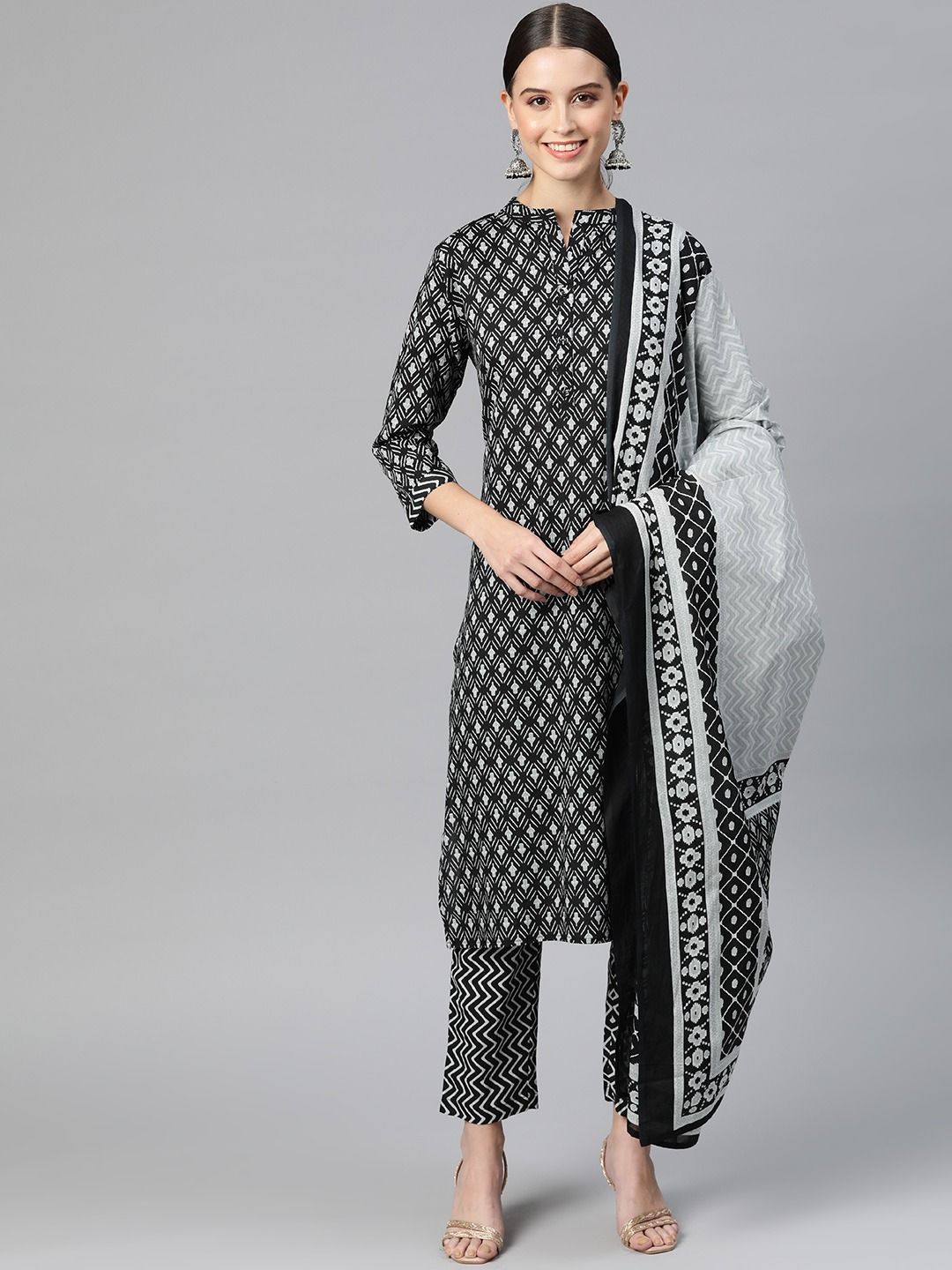 Straight Style Cotton Fabric Black Color Kurta With Bottom & Dupatta