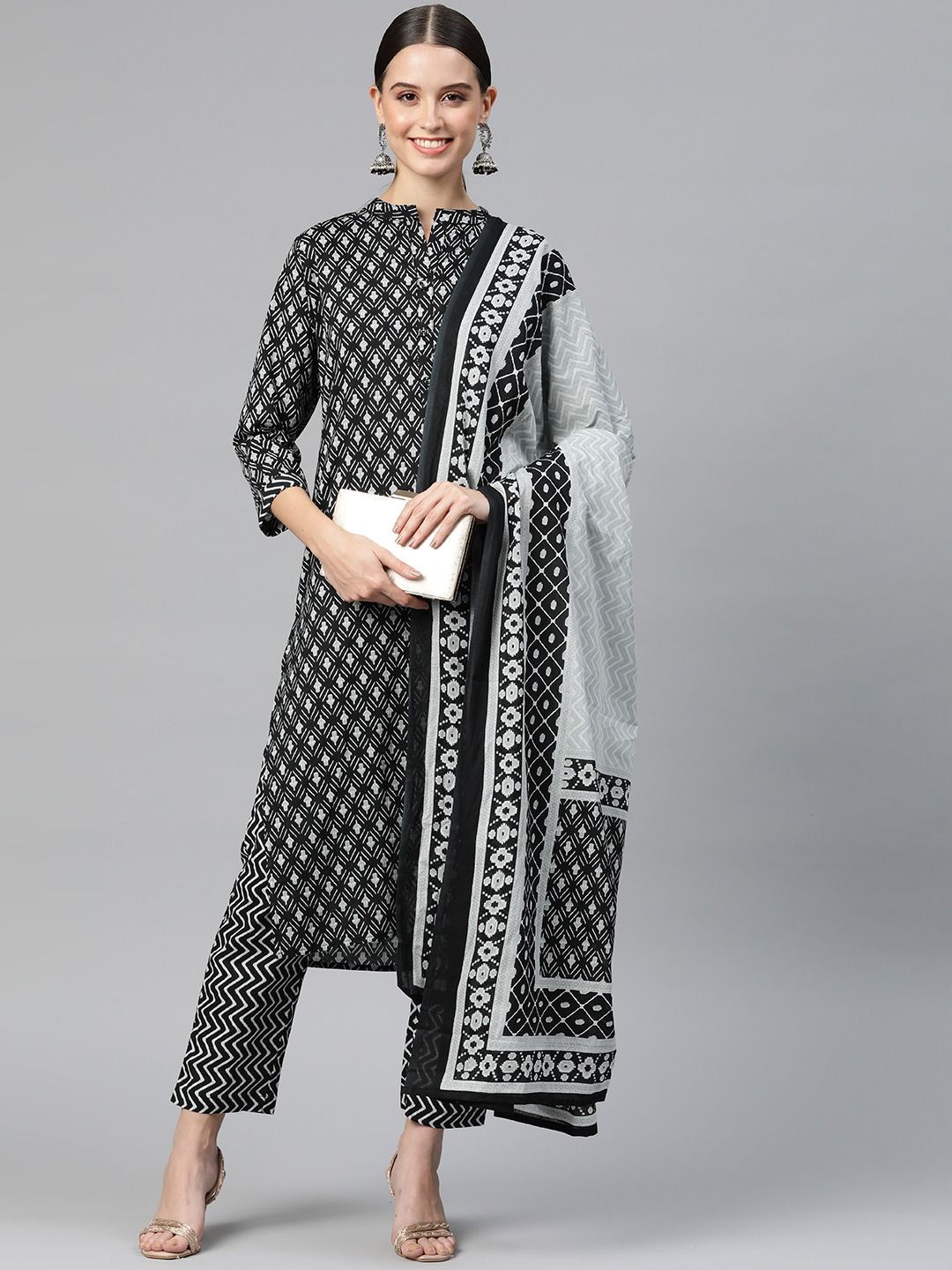 Straight Style Cotton Fabric Black Color Kurta With Bottom & Dupatta