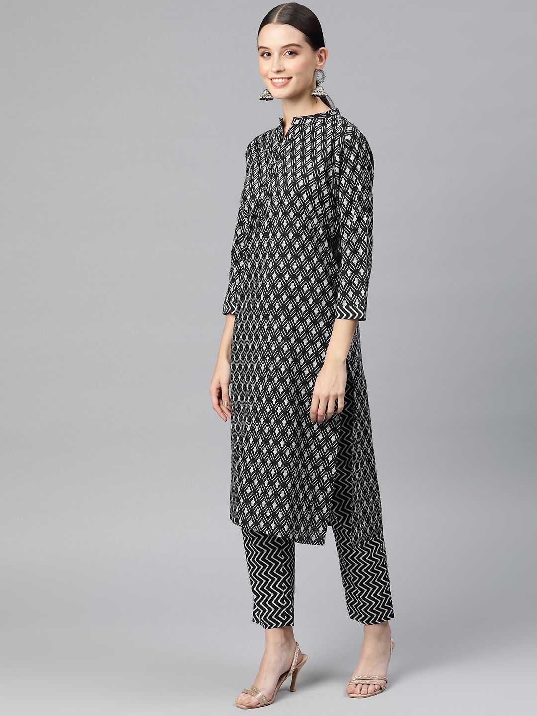 Straight Style Cotton Fabric Black Color Kurta With Bottom & Dupatta