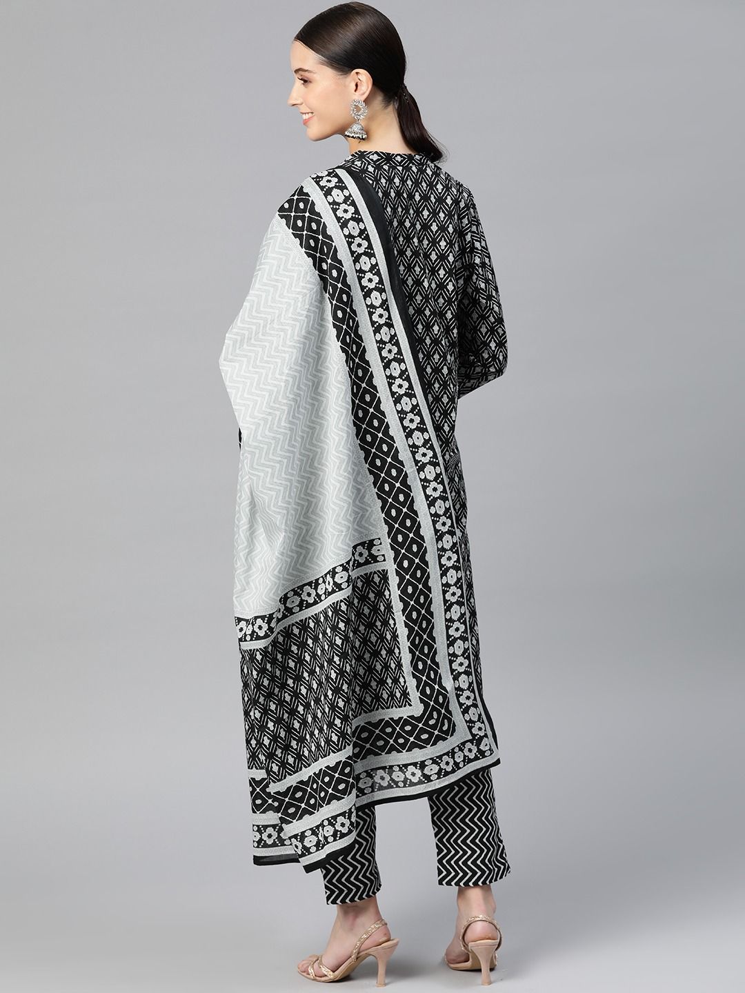 Straight Style Cotton Fabric Black Color Kurta With Bottom & Dupatta