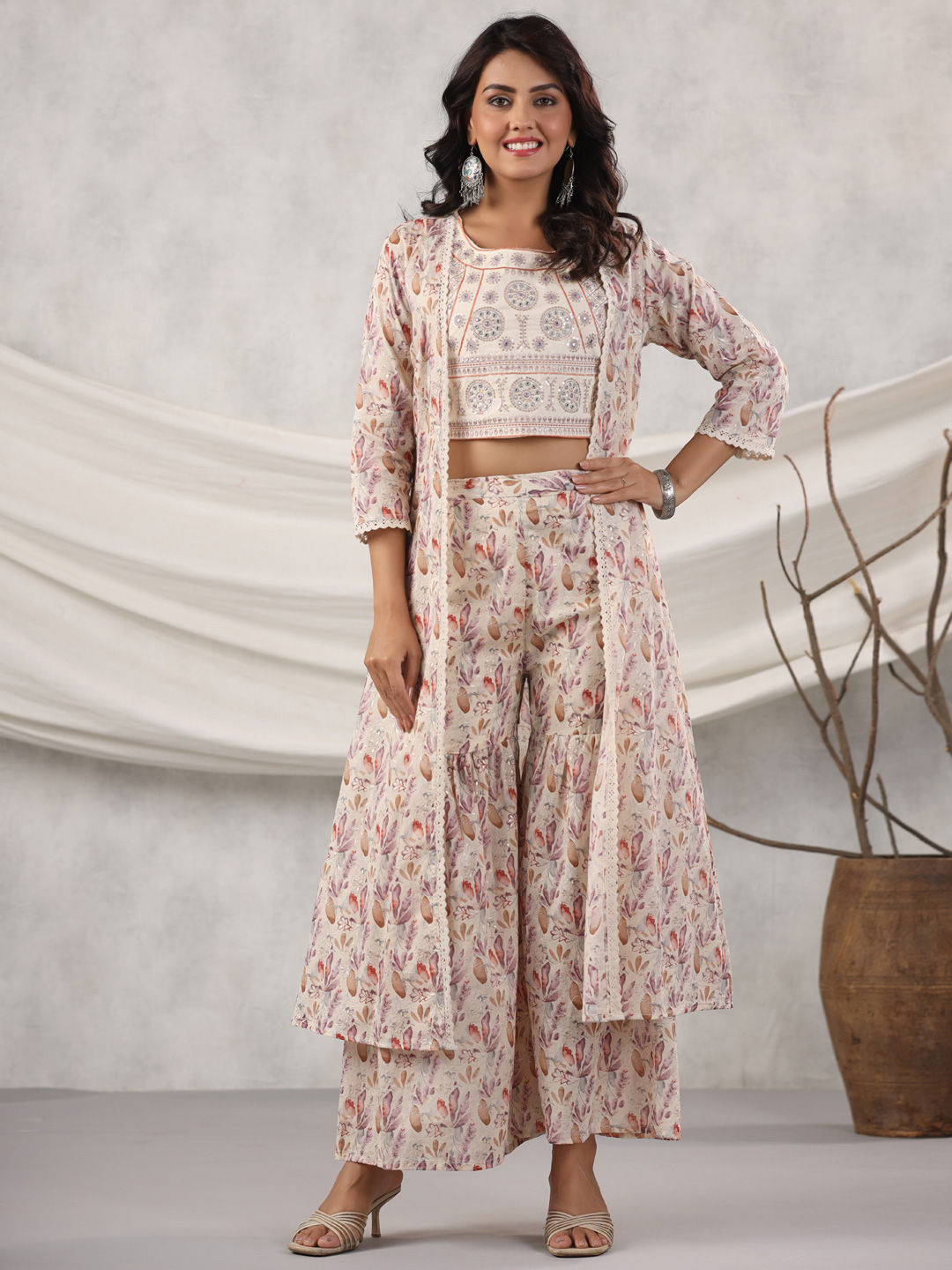 Straight Style Cotton Fabric Beige & Purple Color Top With Sharara & Long Jacket
