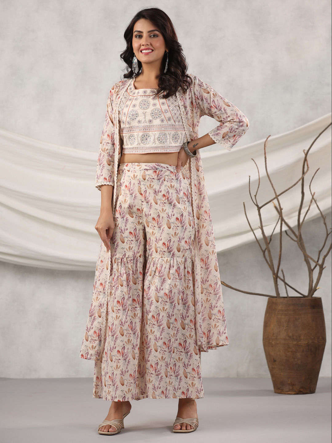 Straight Style Cotton Fabric Beige & Purple Color Top With Sharara & Long Jacket