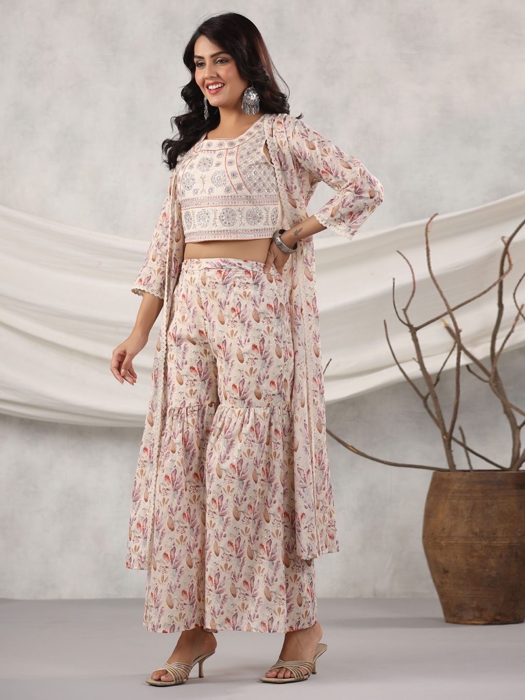 Straight Style Cotton Fabric Beige & Purple Color Top With Sharara & Long Jacket