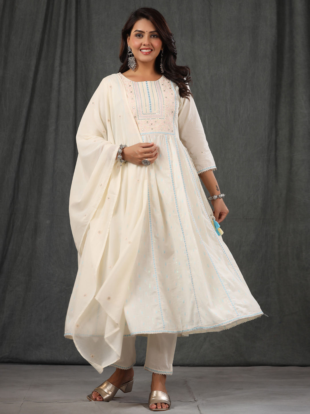 Anarkali Style Cotton Fabric White Color Kurta With Bottom & Dupatta