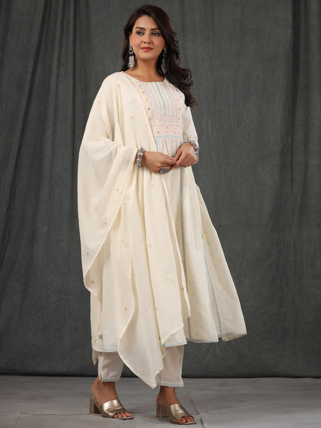 Anarkali Style Cotton Fabric White Color Kurta With Bottom & Dupatta