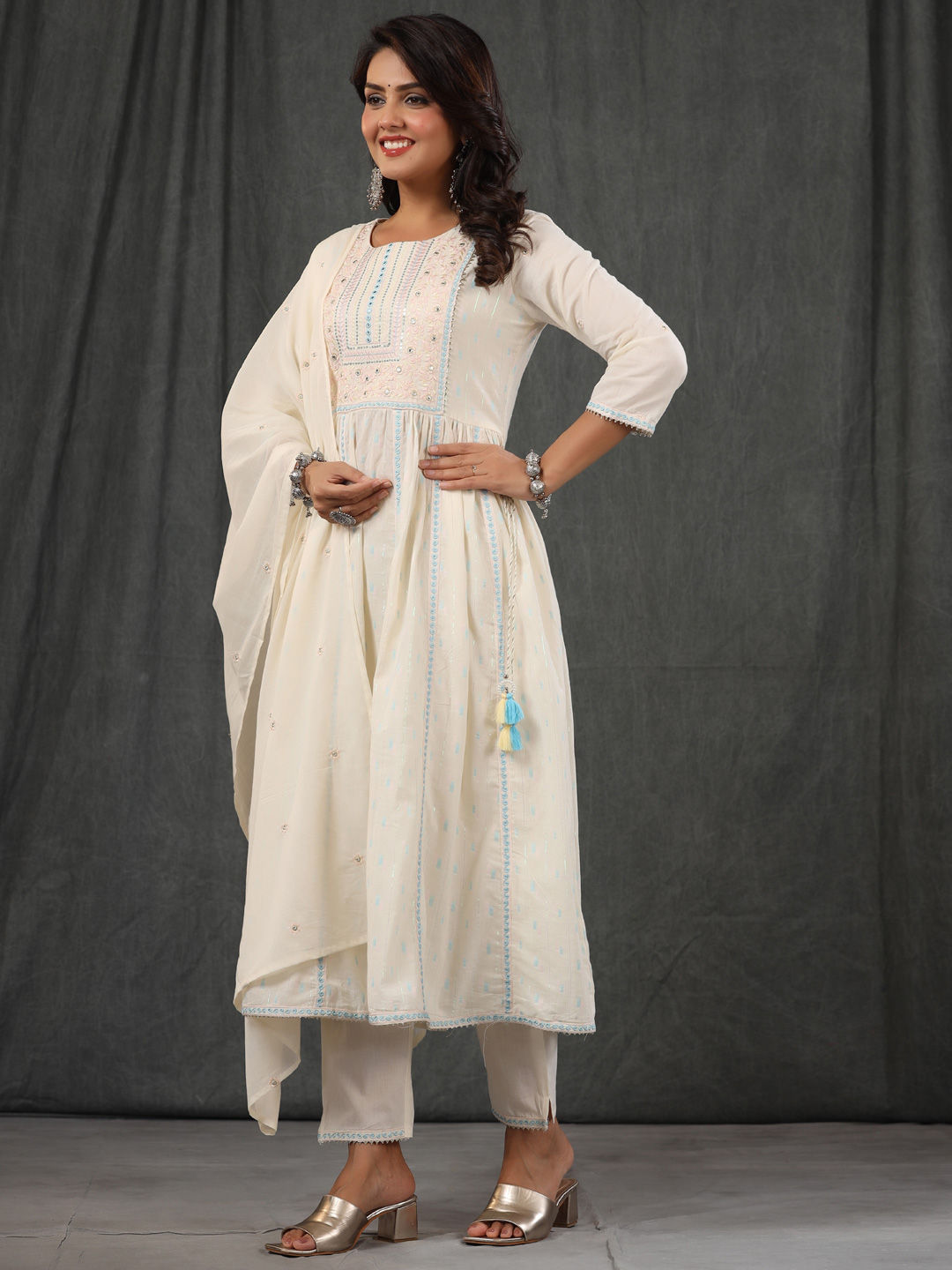 Anarkali Style Cotton Fabric White Color Kurta With Bottom & Dupatta
