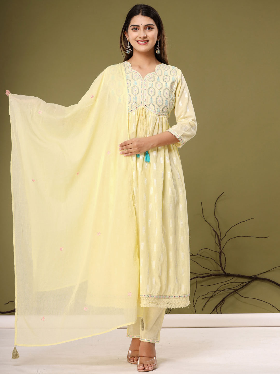 Anarkali Style Cotton Fabric Yellow Color Kurta With Palazzo & Dupatta
