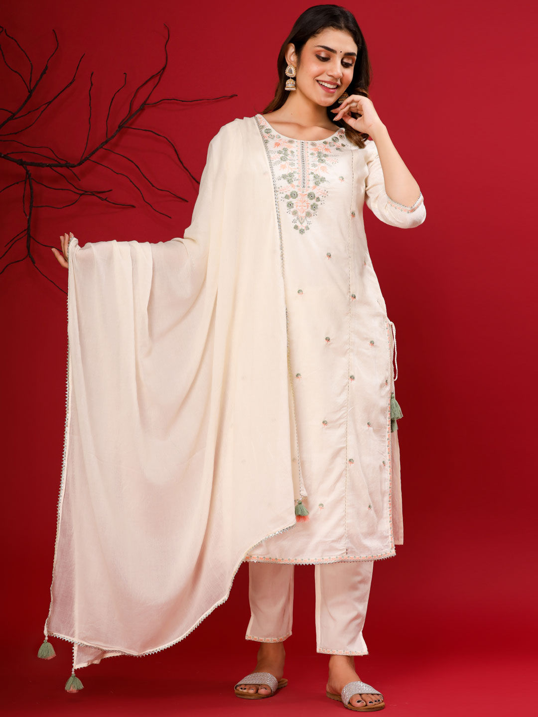 Anarkali Style Cotton Fabric White & Green Color Kurta With Palazzo & Dupatta