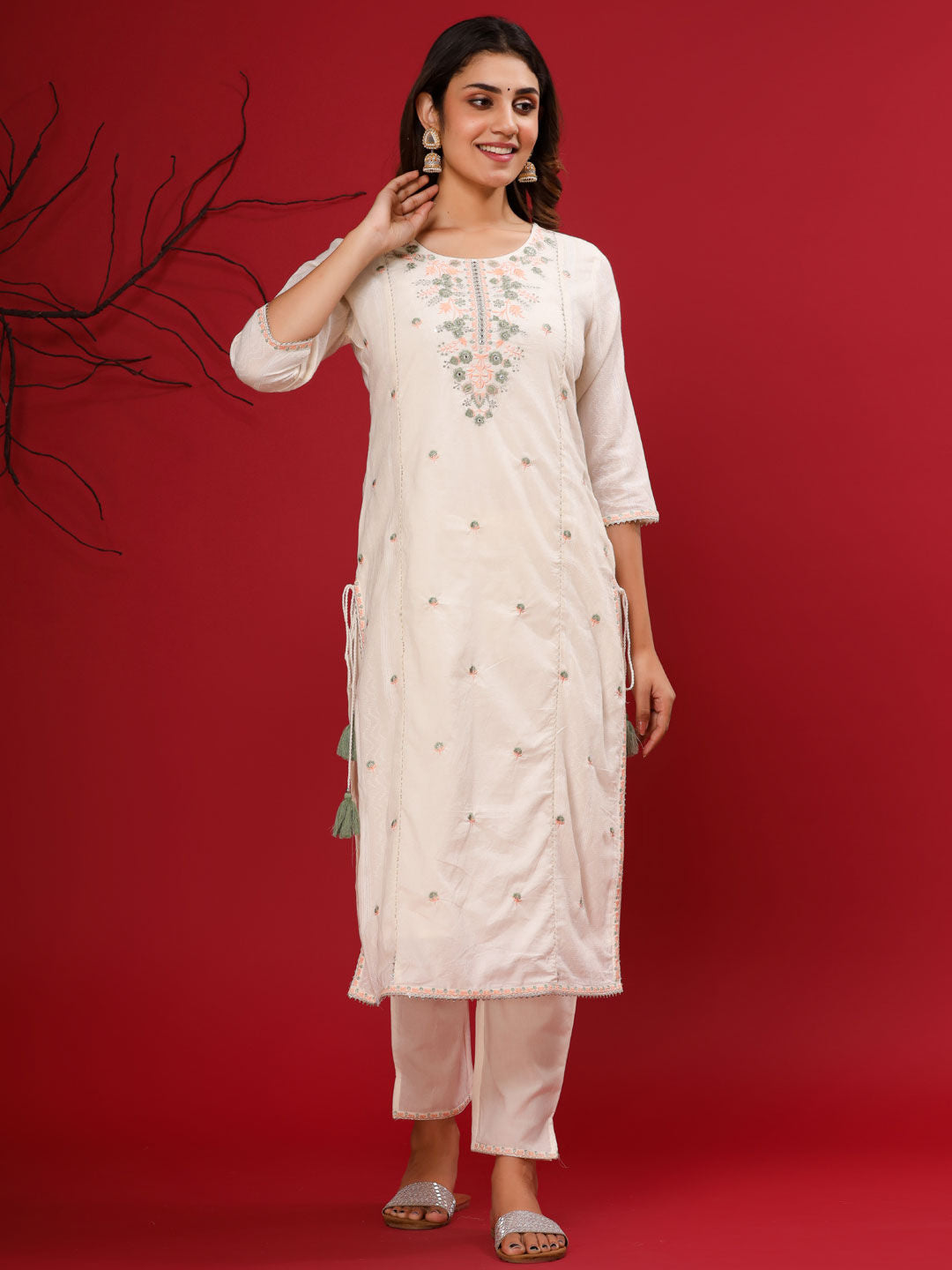 Anarkali Style Cotton Fabric White & Green Color Kurta With Palazzo & Dupatta