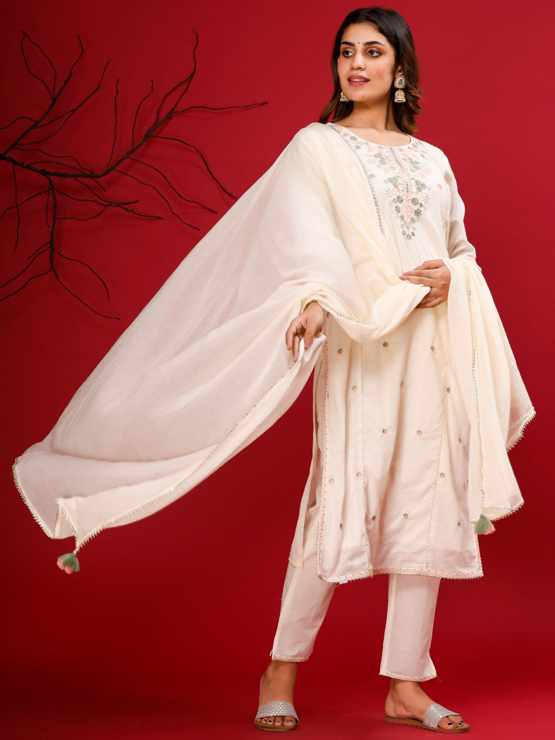 Anarkali Style Cotton Fabric White & Green Color Kurta With Palazzo & Dupatta