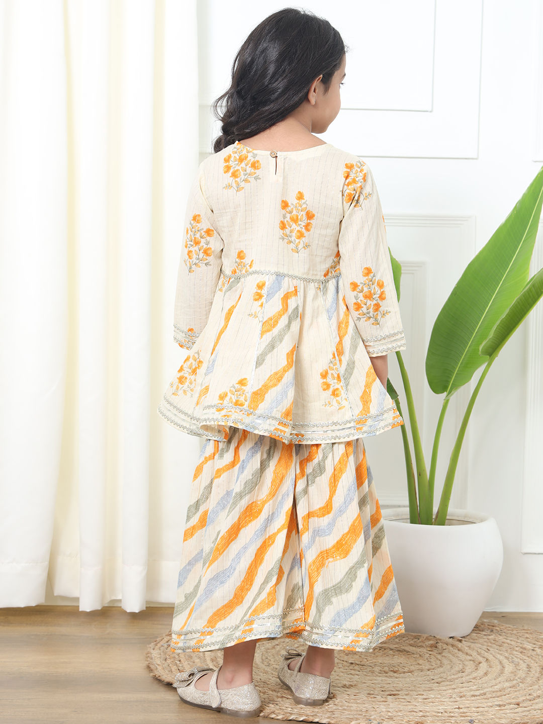 Anarkali Style Cotton Fabric Cream Color Kurti And Sharara