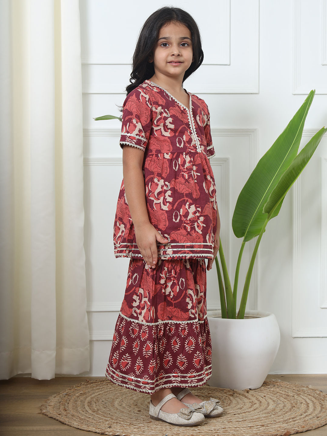 Frock Style Cotton Fabric Burgundy Color Kurti With Sharara