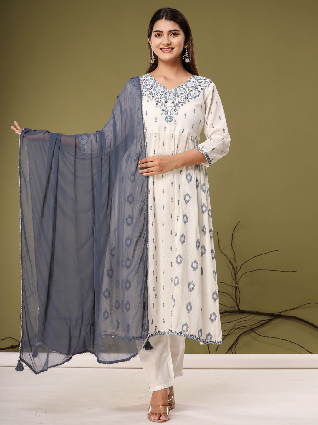 Anarkali Style Cotton Fabric White & Blue Color Kurta With Bottom & Dupatta