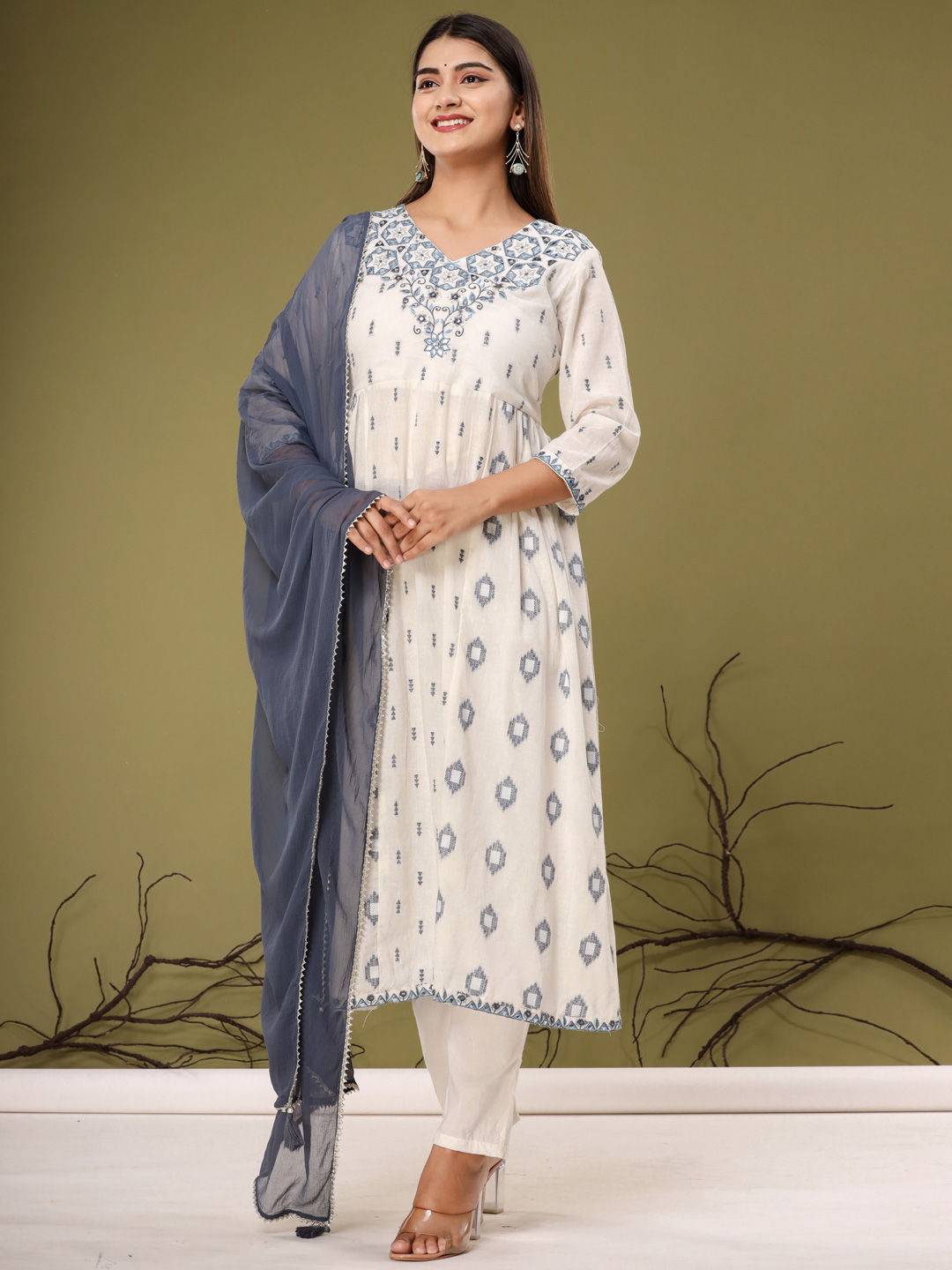 Anarkali Style Cotton Fabric White & Blue Color Kurta With Bottom & Dupatta