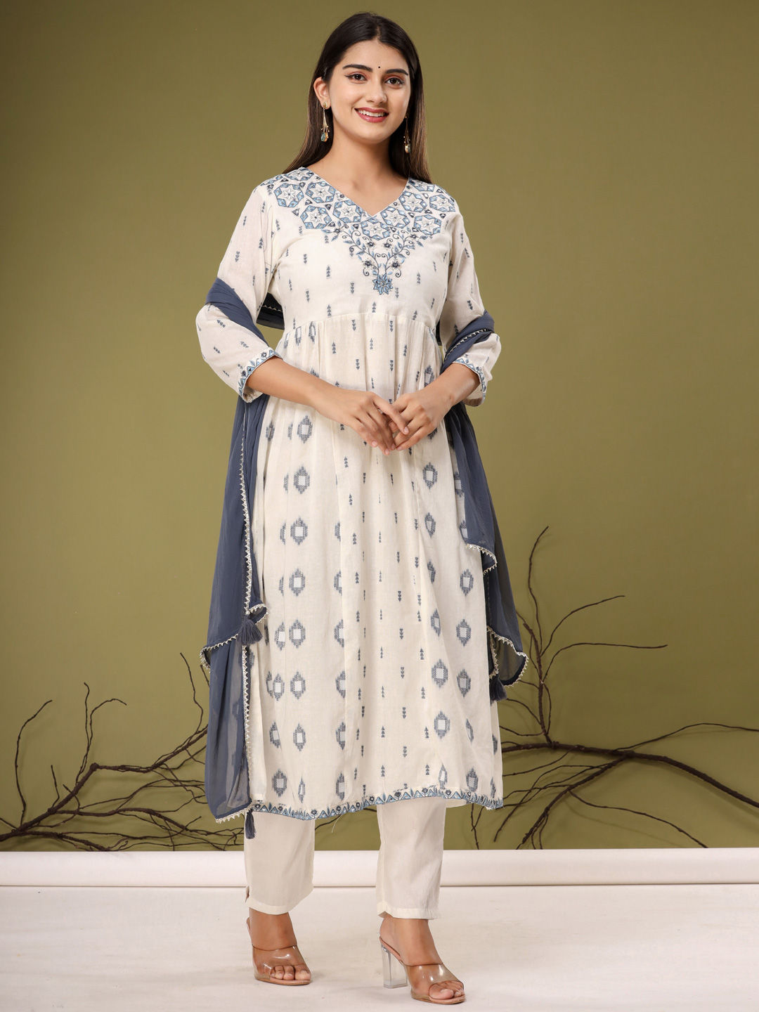 Anarkali Style Cotton Fabric White & Blue Color Kurta With Bottom & Dupatta