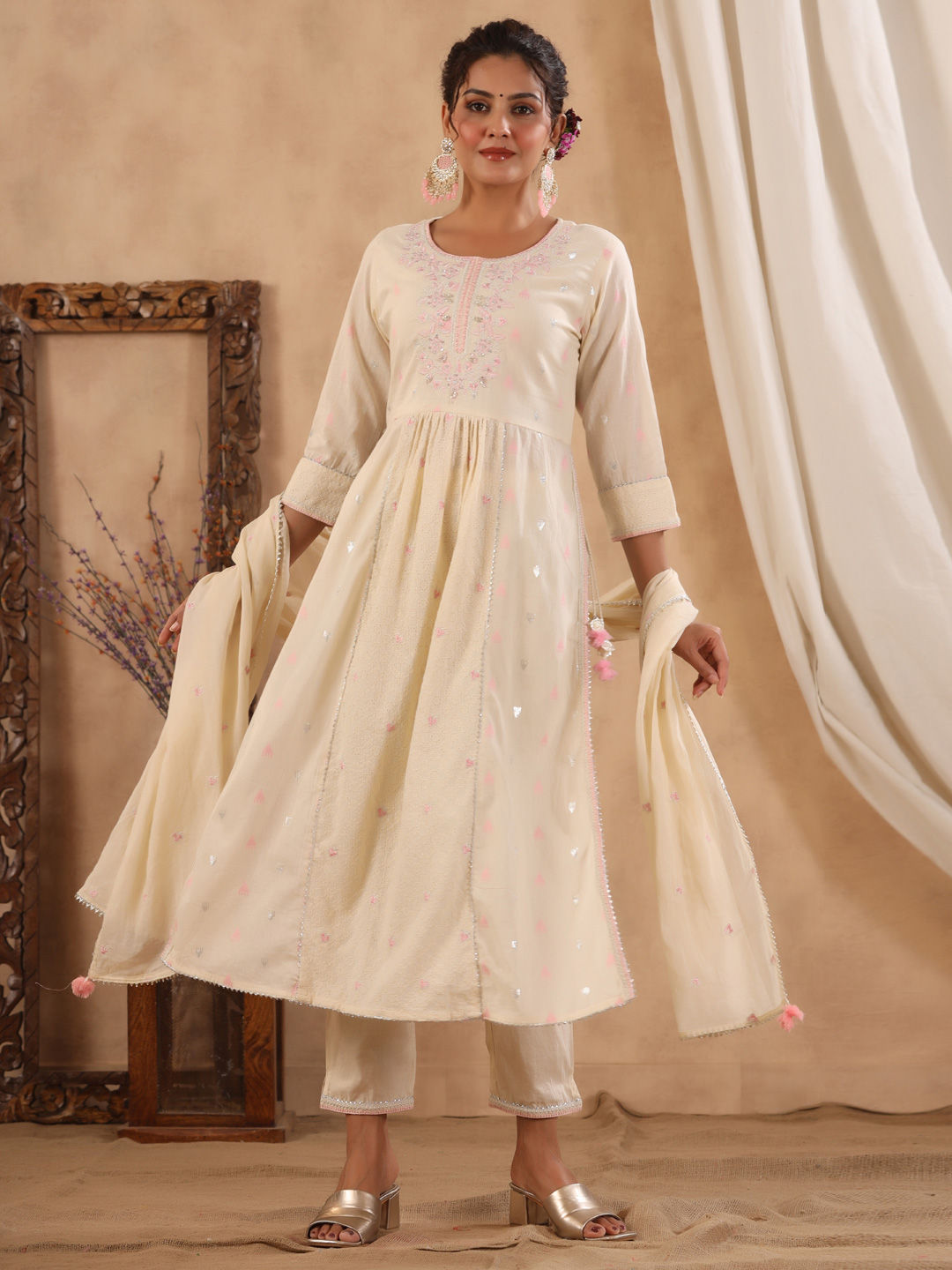 Flared Style Cotton Fabric Cream Color Kurta With Bottom & Dupatta