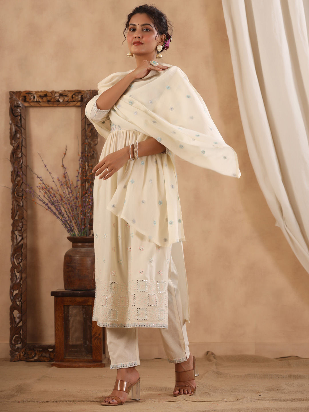 Flared Style Cotton Fabric Cream Color Kurta With Bottom & Dupatta