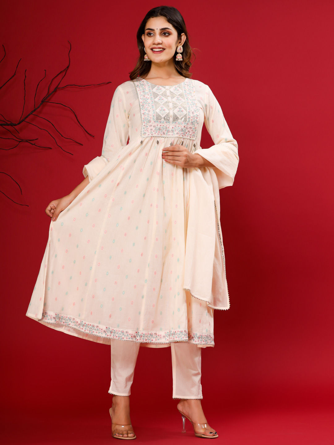 Anarkali Style Cotton Fabric Cream Color Kurta With Palazzo & Dupatta