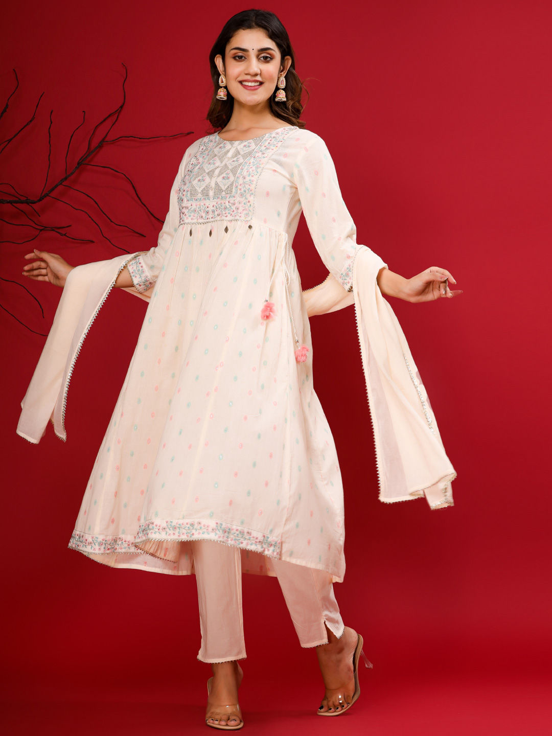 Anarkali Style Cotton Fabric Cream Color Kurta With Palazzo & Dupatta