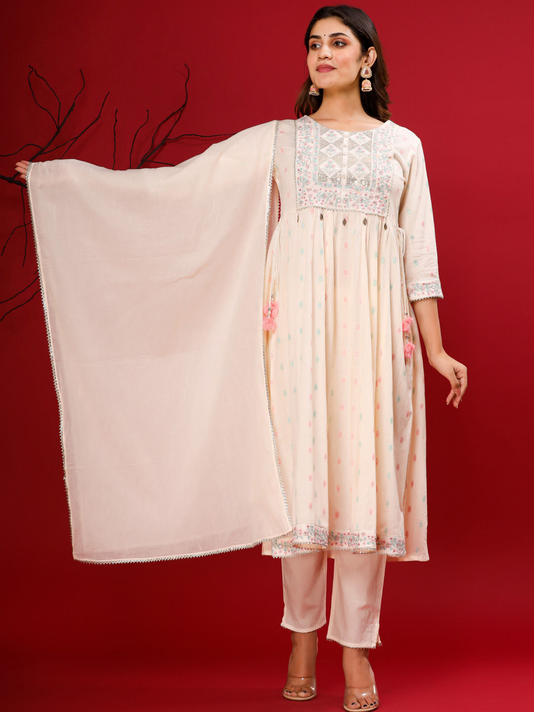 Anarkali Style Cotton Fabric Cream Color Kurta With Palazzo & Dupatta