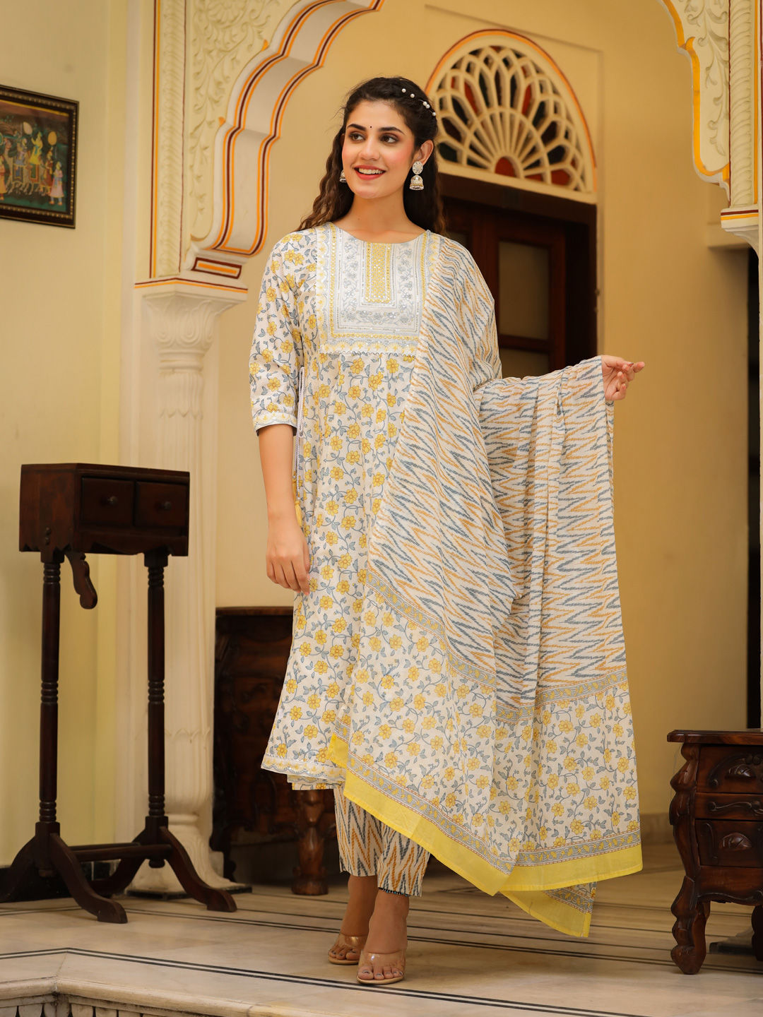 Anarkali Style Cotton Fabric White & Yellow Color Kurta With Bottom & Dupatta