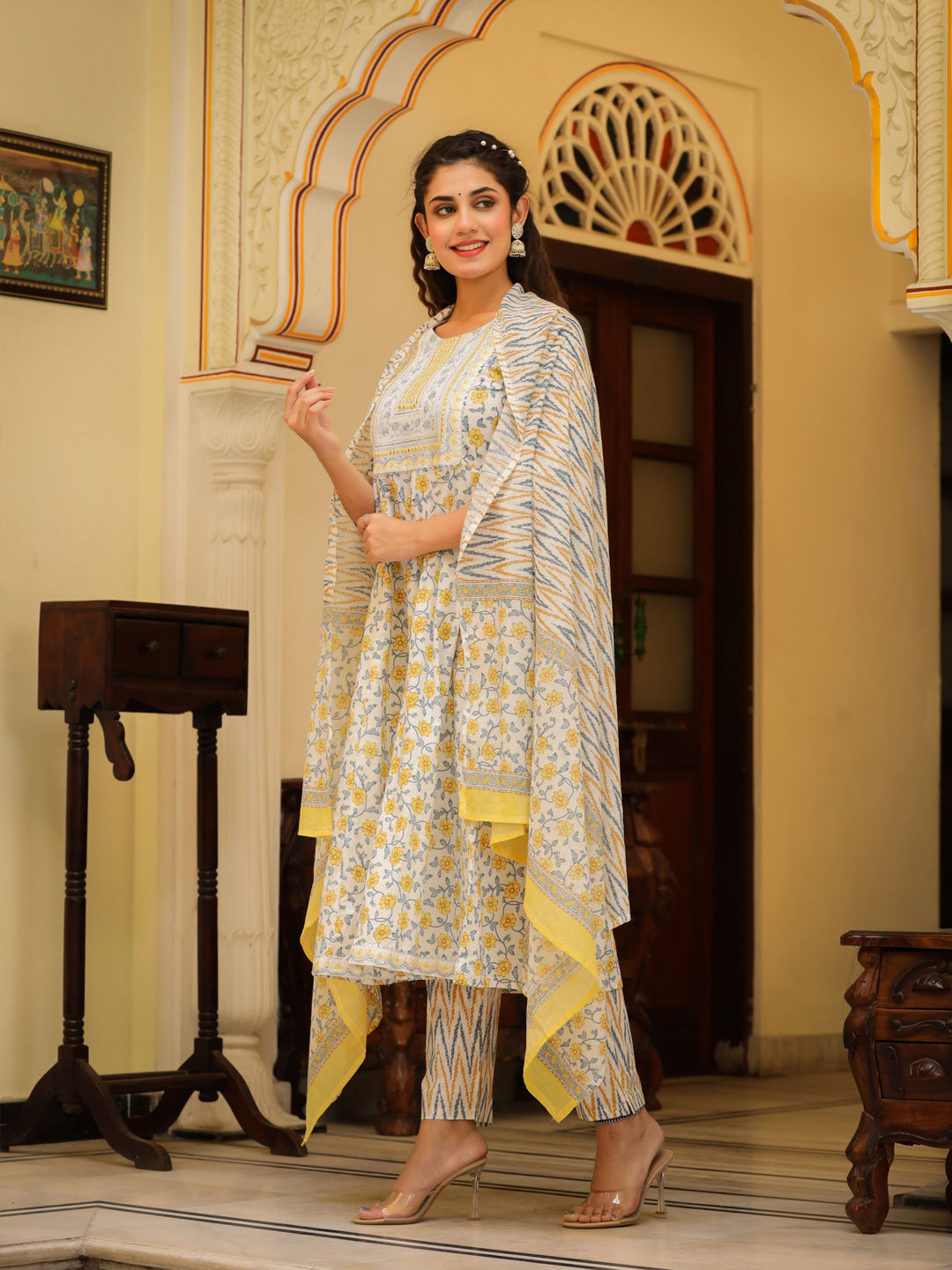 Anarkali Style Cotton Fabric White & Yellow Color Kurta With Bottom & Dupatta